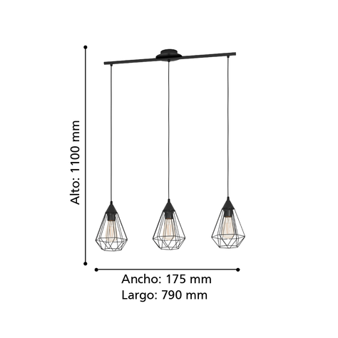 Lámpara Colgante Tarbes Acero Negro E27 3X60W cod.94189-2