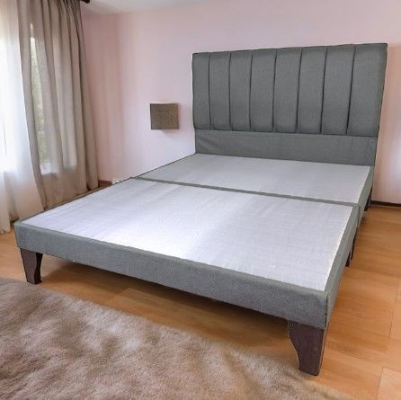 Cama 2 Plazas Franjas Incluye Base y Respaldo Gris Medio Flobal-2