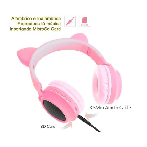 Audífonos Diadema Bluetooth Rosa Inalámbricos LED-1