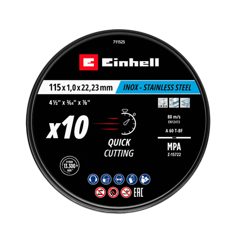 Set 10 Discos Corte Metal Inox 115X1MM Einhell 49711525-1