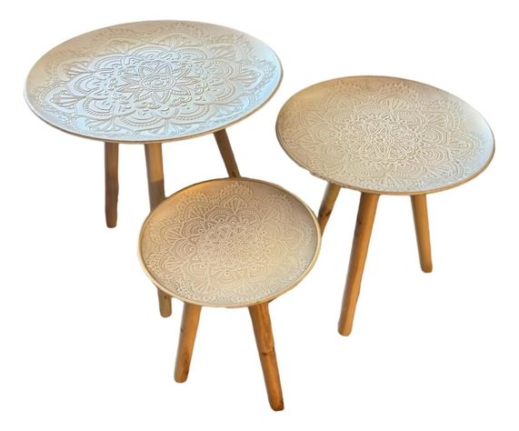 Set 3 Mesas Centro Decorativa Mandala Nórdica Redonda Jhn-0