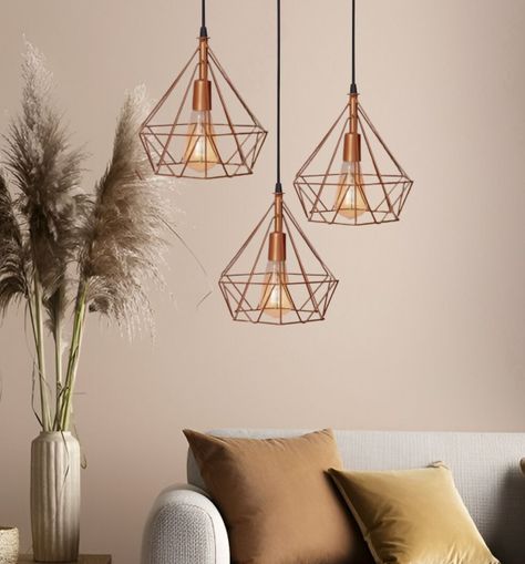 Lámpara Colgante Techo Triple Hierro Diamante Cobre 22cm Jhn-5