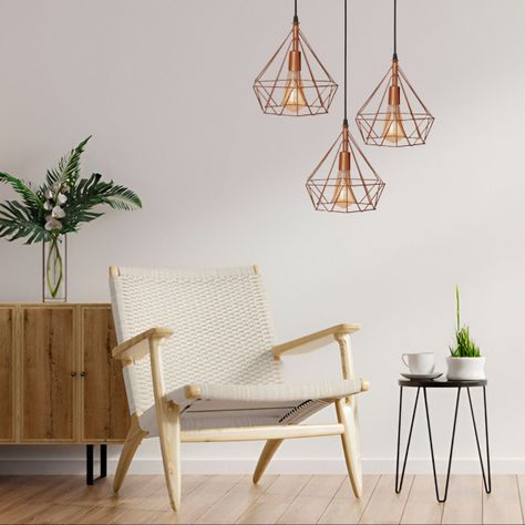 Lámpara Colgante Techo Triple Hierro Diamante Cobre 22cm Jhn-8