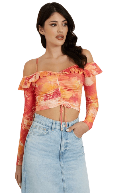 Top Guess Mujer L Soff Shldr Ruffle Shaina Top Naranjo-0