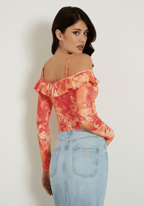 Top Guess Mujer L Soff Shldr Ruffle Shaina Top Naranjo-2