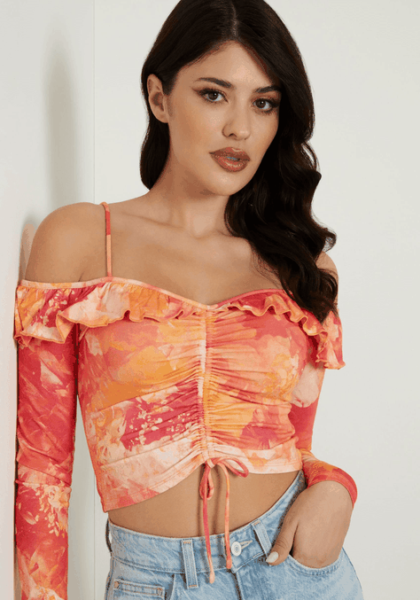 Top Guess Mujer L Soff Shldr Ruffle Shaina Top Naranjo-3