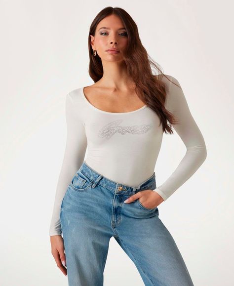 Polera Guess Mujer Ls Emmy Body Shiny Logo Blanco-0
