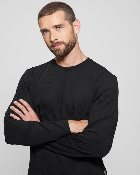 Polera Guess Hombre Ls Linear Texture Jrsy Crew Negro-2