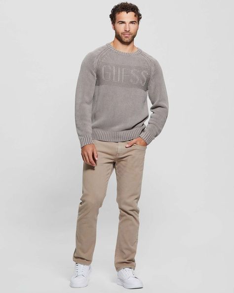 Tejido Guess Hombre Ellery Cn Stitched Logo Swtr Beige-2