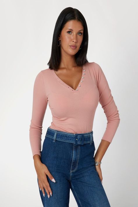 Polera Guess Mujer Ls Kyla Rib Henley Rosado-0