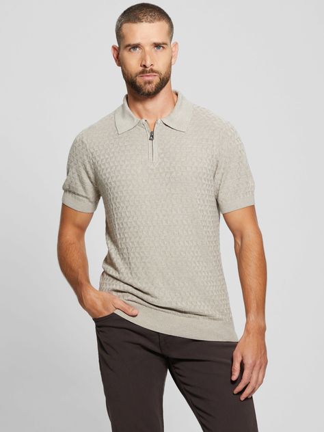 Polera Guess Hombre Ss Checkered Zip Kyle Polo Beige-2
