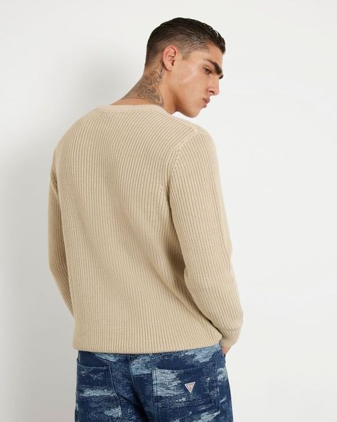 Tejido Guess Hombre Delmar Cn Ls Washed Ribbed Swtr Beige-2