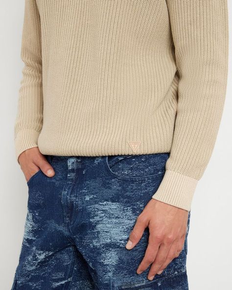 Tejido Guess Hombre Delmar Cn Ls Washed Ribbed Swtr Beige-3