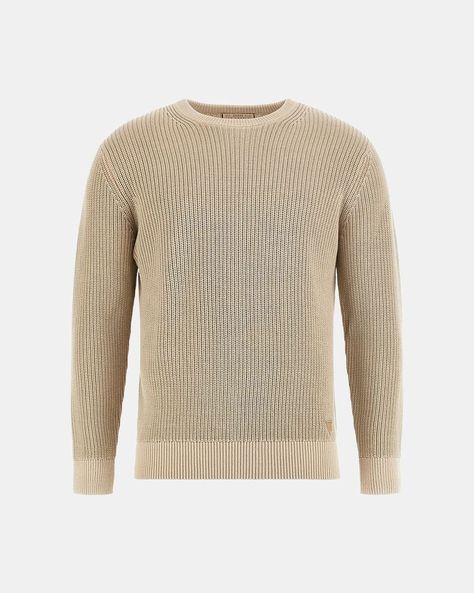 Tejido Guess Hombre Delmar Cn Ls Washed Ribbed Swtr Beige-4