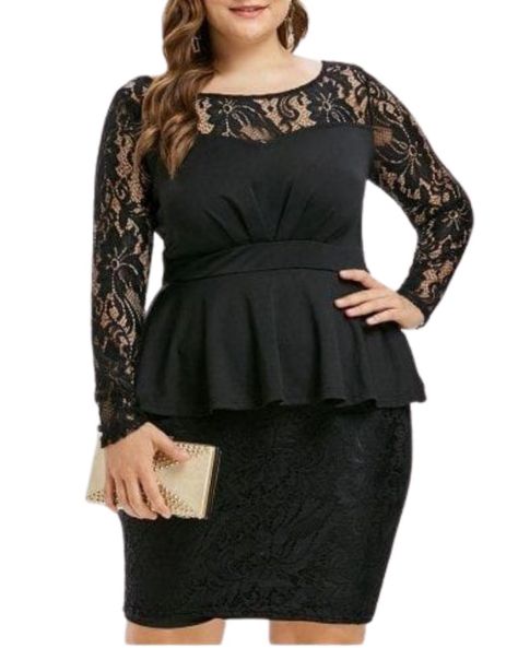 VESTIDO PEPLUM MANGA LARGA CON ENCAJE IDEAL PARA FIESTA GALA COCTEL BODA -0