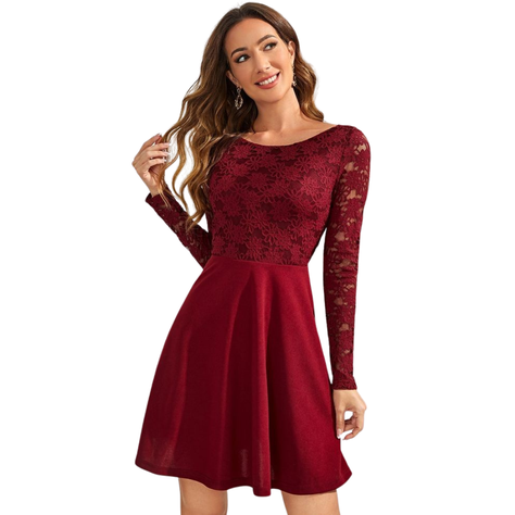 VESTIDO ACAMPANADO BLUSA DE ENCAJE MANGA LARGA IDEAL PARA FIESTA COCTEL GRADUACION-0