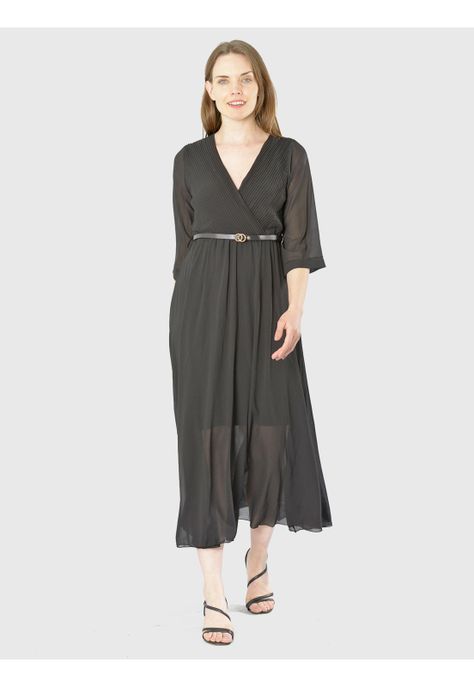 Vestido Cruzado Plizado Italiano Negro-0