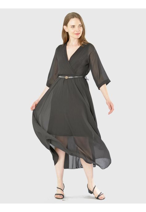Vestido Cruzado Plizado Italiano Negro-1