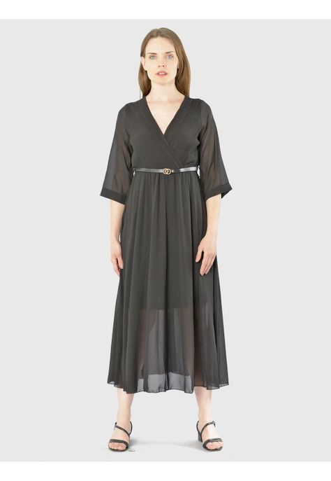 Vestido Cruzado Plizado Italiano Negro-2