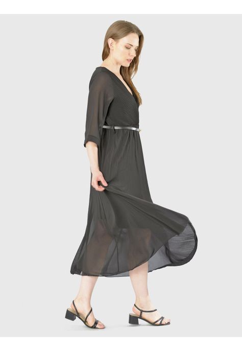 Vestido Cruzado Plizado Italiano Negro-3