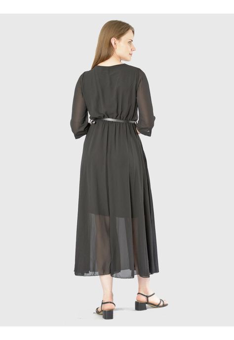 Vestido Cruzado Plizado Italiano Negro-4