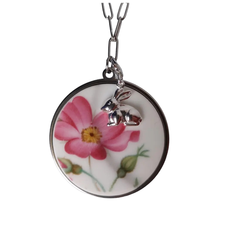 Collar Plateado de Porcelana "Conejito" - Joyas del País de las Maravillas®-0