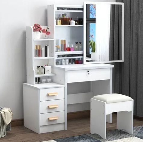 Tocador Madera Con Espejo Movible 100*40*131cm Con Taburete-2