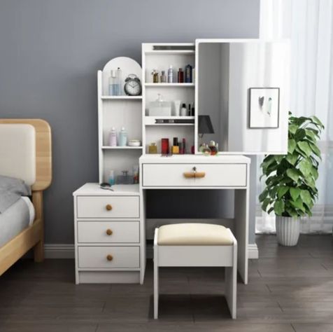 Tocador Madera Con Espejo Movible 100*40*131cm Con Taburete-3