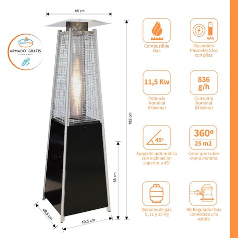 Estufa a Gas Exterior Terraza OBELISK LW Negro 1,8 metros-1