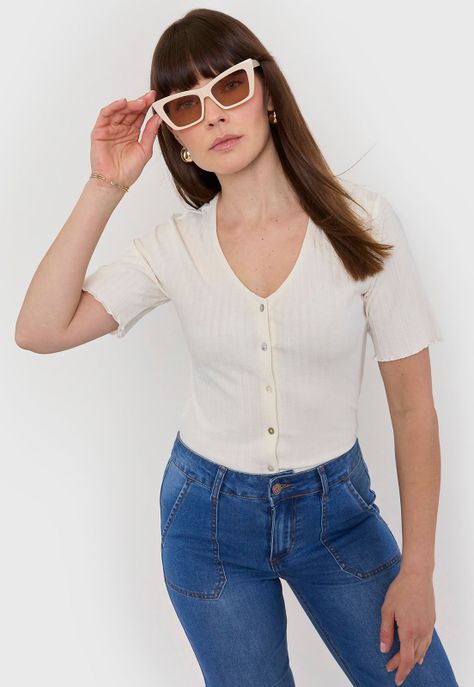 Polera Mujer Rib Botones Crudo Corona-0