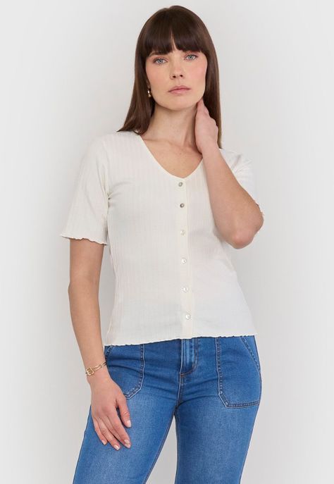 Polera Mujer Rib Botones Crudo Corona-1