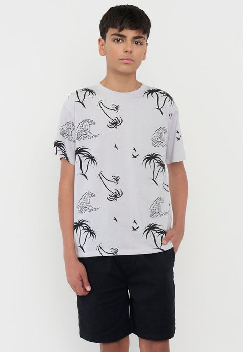 Polera Niño Teen Manga Corta Full Texto Gris Corona-0
