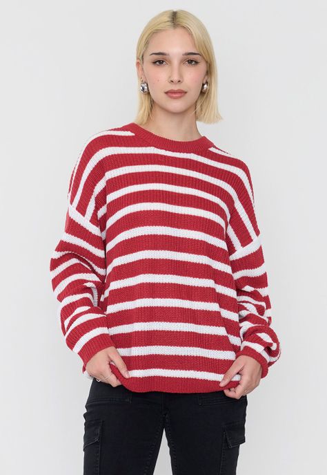Sweater Mujer Líneas Blanco/Rojo Corona-0