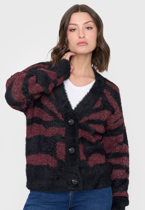 Cardigán Mujer Lurex Print Burdeo Corona-2