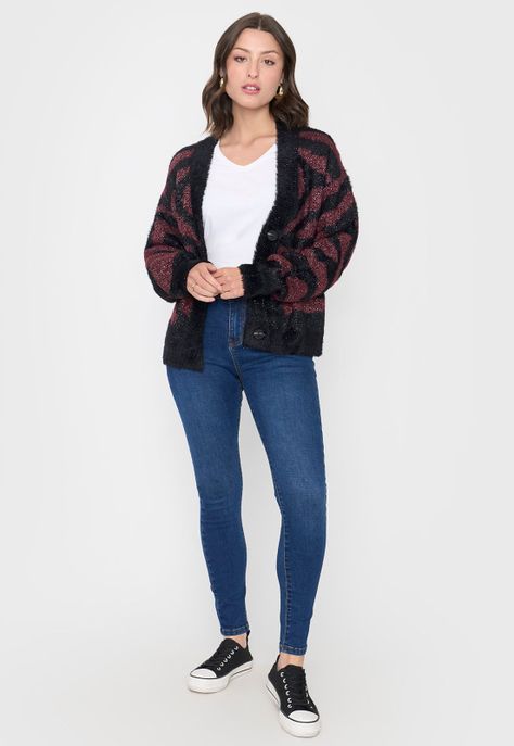Cardigán Mujer Lurex Print Burdeo Corona-3