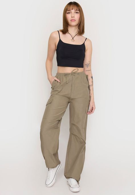 Pantalón Mujer Parachute Verde Militar Corona-0