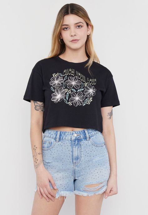 Polera Mujer Fun Manga Corta Crop Negro Corona-0