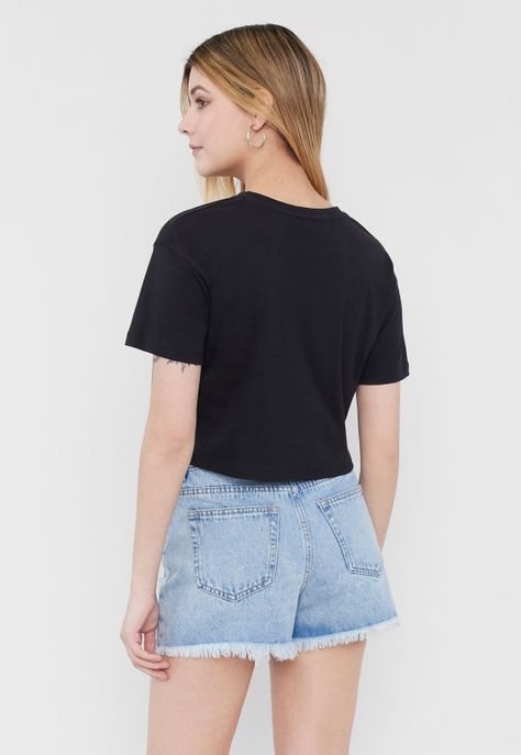 Polera Mujer Fun Manga Corta Crop Negro Corona-1