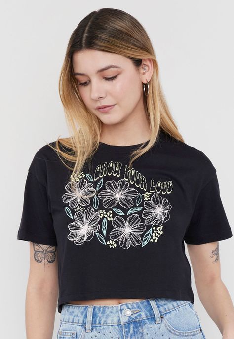 Polera Mujer Fun Manga Corta Crop Negro Corona-2