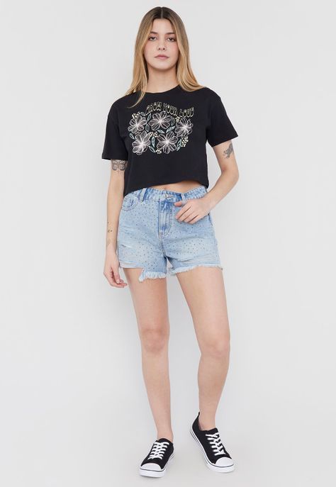 Polera Mujer Fun Manga Corta Crop Negro Corona-3