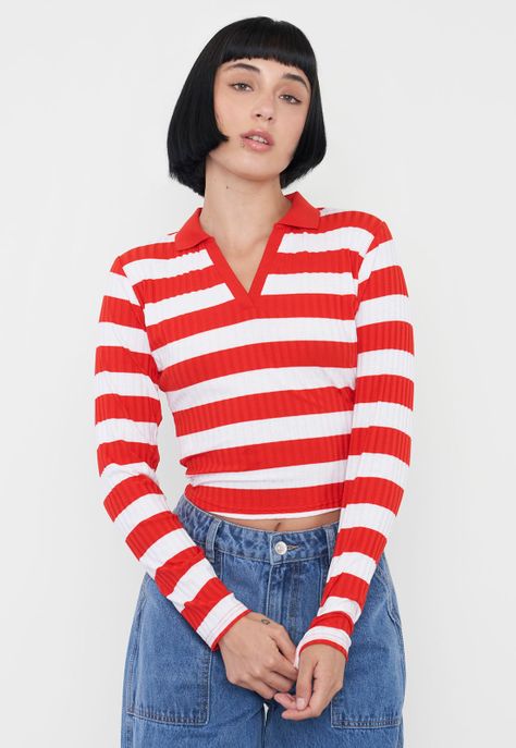 Polera Muje Manga Larga Cuello Polo Rojo Rayas Corona-0