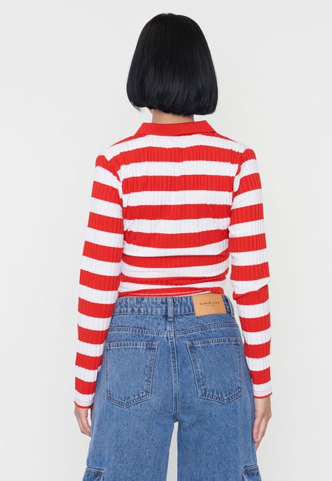 Polera Muje Manga Larga Cuello Polo Rojo Rayas Corona-1