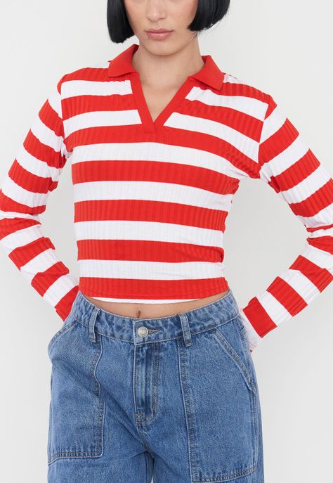 Polera Muje Manga Larga Cuello Polo Rojo Rayas Corona-2