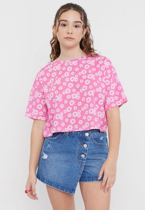 Polera Niña Teen Crop Full Print Rosado Corona-0