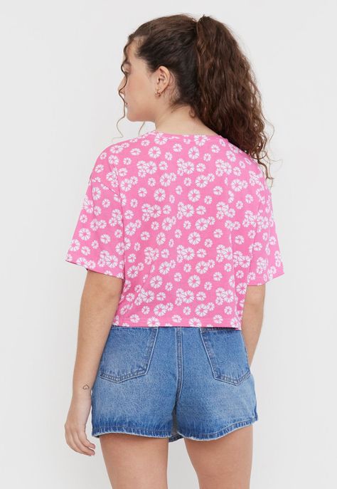Polera Niña Teen Crop Full Print Rosado Corona-1