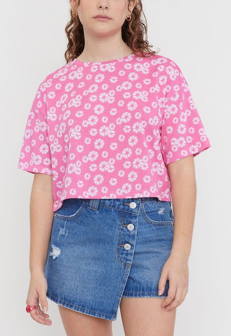 Polera Niña Teen Crop Full Print Rosado Corona-2