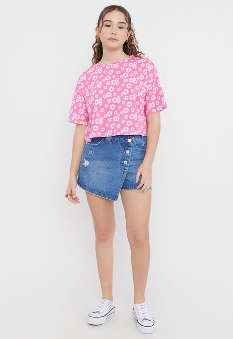 Polera Niña Teen Crop Full Print Rosado Corona-3