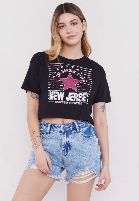 Polera Mujer Fun Manga Corta Crop Negro Vasity Corona-0