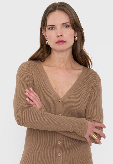 Cárdigan Mujer Rib Botones Camel Corona-2
