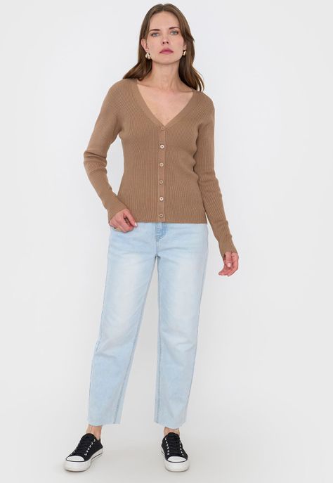 Cárdigan Mujer Rib Botones Camel Corona-3